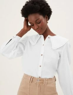 Coupon 🤩 M&S Collection 👚 Shirts & Blouses Denim Oversized Collared Regular Fit Blouse ⭐ -New In Womens Sales 2022 SD 01 T41 5212W Z0 X EC 2