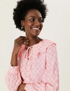 Best Pirce 🔔 M&S Collection 👚 Shirts & Blouses Printed Tie Neck Ruffle Long Sleeve Blouse 🎉 -New In Womens Sales 2022 SD 01 T41 6055W A4 X EC 1