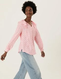 Best Pirce 🔔 M&S Collection 👚 Shirts & Blouses Printed Tie Neck Ruffle Long Sleeve Blouse 🎉 -New In Womens Sales 2022 SD 01 T41 6055W A4 X EC 2