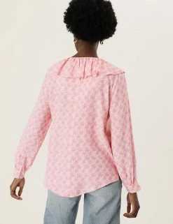 Best Pirce 🔔 M&S Collection 👚 Shirts & Blouses Printed Tie Neck Ruffle Long Sleeve Blouse 🎉 -New In Womens Sales 2022 SD 01 T41 6055W A4 X EC 3