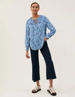 Best Pirce 🔔 M&S Collection 👚 Shirts & Blouses Printed Tie Neck Ruffle Long Sleeve Blouse 🎉 -New In Womens Sales 2022 SD 01 T41 6055W F4 X EC 0
