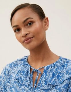 Best Pirce 🔔 M&S Collection 👚 Shirts & Blouses Printed Tie Neck Ruffle Long Sleeve Blouse 🎉 -New In Womens Sales 2022 SD 01 T41 6055W F4 X EC 1