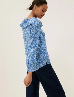 Best Pirce 🔔 M&S Collection 👚 Shirts & Blouses Printed Tie Neck Ruffle Long Sleeve Blouse 🎉 -New In Womens Sales 2022 SD 01 T41 6055W F4 X EC 2