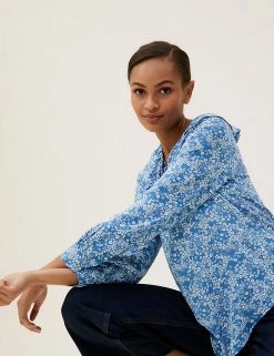 Best Pirce 🔔 M&S Collection 👚 Shirts & Blouses Printed Tie Neck Ruffle Long Sleeve Blouse 🎉 -New In Womens Sales 2022 SD 01 T41 6055W F4 X EC 3