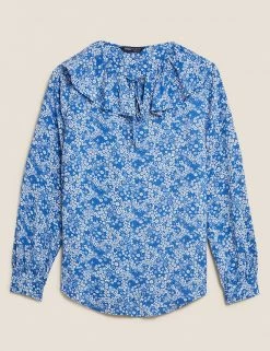 Best Pirce 🔔 M&S Collection 👚 Shirts & Blouses Printed Tie Neck Ruffle Long Sleeve Blouse 🎉 -New In Womens Sales 2022 SD 01 T41 6055W F4 X EC 90