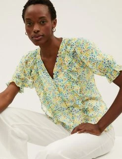 Flash Sale ❤️ M&S Collection 👕 Shirts & Blouses Floral V-Neck Ruffle Puff Sleeve Blouse ⭐