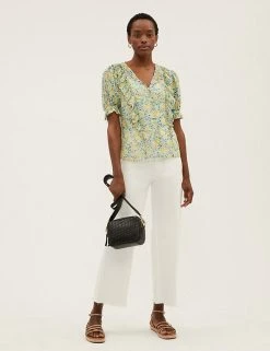 Flash Sale ❤️ M&S Collection 👕 Shirts & Blouses Floral V-Neck Ruffle Puff Sleeve Blouse ⭐ -New In Womens Sales 2022 SD 01 T41 6057W R4 X EC 1