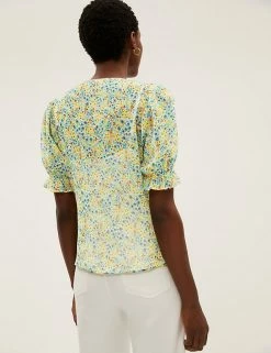 Flash Sale ❤️ M&S Collection 👕 Shirts & Blouses Floral V-Neck Ruffle Puff Sleeve Blouse ⭐ -New In Womens Sales 2022 SD 01 T41 6057W R4 X EC 2