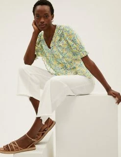 Flash Sale ❤️ M&S Collection 👕 Shirts & Blouses Floral V-Neck Ruffle Puff Sleeve Blouse ⭐ -New In Womens Sales 2022 SD 01 T41 6057W R4 X EC 3