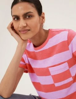 Best Sale ⌛ M&S Collection T-shirts Pure Cotton Striped Pocket T-Shirt 🎉 -New In Womens Sales 2022 SD 01 T41 6330C A4 X EC 2
