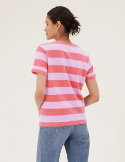Best Sale ⌛ M&S Collection T-shirts Pure Cotton Striped Pocket T-Shirt 🎉 -New In Womens Sales 2022 SD 01 T41 6330C A4 X EC 3