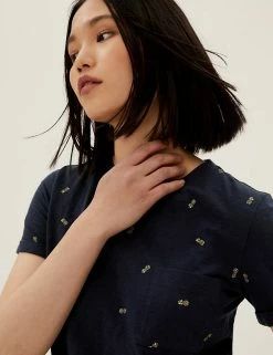 Best Sale 🌟 M&S Collection Women Pure Cotton Pineapple Print T-Shirt 🛒
