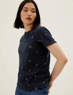 Best Sale 🌟 M&S Collection Women Pure Cotton Pineapple Print T-Shirt 🛒 -New In Womens Sales 2022 SD 01 T41 6335C PK X EC 2