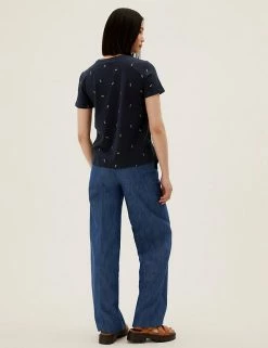 Best Sale 🌟 M&S Collection Women Pure Cotton Pineapple Print T-Shirt 🛒 -New In Womens Sales 2022 SD 01 T41 6335C PK X EC 3