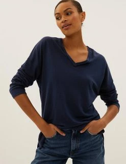 Buy 💯 M&S Collection Women Linen Rich V-Neck Long Sleeve Longline Top 🥰 -New In Womens Sales 2022 SD 01 T41 6364C F0 X EC 1