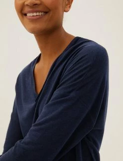 Buy 💯 M&S Collection Women Linen Rich V-Neck Long Sleeve Longline Top 🥰 -New In Womens Sales 2022 SD 01 T41 6364C F0 X EC 2