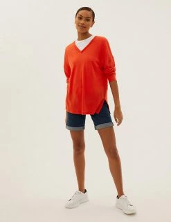 Buy 💯 M&S Collection Women Linen Rich V-Neck Long Sleeve Longline Top 🥰 -New In Womens Sales 2022 SD 01 T41 6364C P0 X EC 0