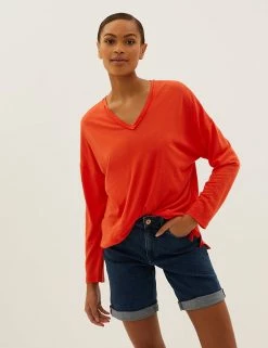 Buy 💯 M&S Collection Women Linen Rich V-Neck Long Sleeve Longline Top 🥰 -New In Womens Sales 2022 SD 01 T41 6364C P0 X EC 1