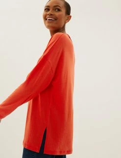 Buy 💯 M&S Collection Women Linen Rich V-Neck Long Sleeve Longline Top 🥰 -New In Womens Sales 2022 SD 01 T41 6364C P0 X EC 2