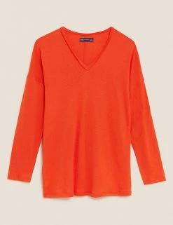 Buy 💯 M&S Collection Women Linen Rich V-Neck Long Sleeve Longline Top 🥰 -New In Womens Sales 2022 SD 01 T41 6364C P0 X EC 90