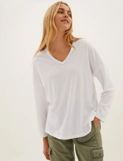 Buy 💯 M&S Collection Women Linen Rich V-Neck Long Sleeve Longline Top 🥰 -New In Womens Sales 2022 SD 01 T41 6364C Z0 X EC 2