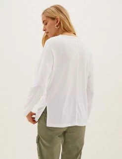 Buy 💯 M&S Collection Women Linen Rich V-Neck Long Sleeve Longline Top 🥰 -New In Womens Sales 2022 SD 01 T41 6364C Z0 X EC 3