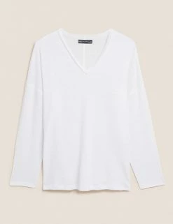 Buy 💯 M&S Collection Women Linen Rich V-Neck Long Sleeve Longline Top 🥰 -New In Womens Sales 2022 SD 01 T41 6364C Z0 X EC 90