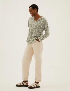 Promo ❤️ M&S Collection Women Linen Rich Printed V-Neck Longline Top 🎉