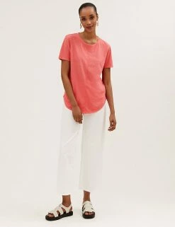 Coupon 🤩 M&S Collection Women Pure Cotton Crew Neck Longline T-Shirt 😀 -New In Womens Sales 2022 SD 01 T41 6366C CG X EC 1