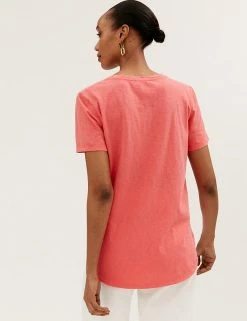 Coupon 🤩 M&S Collection Women Pure Cotton Crew Neck Longline T-Shirt 😀 -New In Womens Sales 2022 SD 01 T41 6366C CG X EC 2