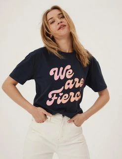 Hot Sale 🎁 M&S Collection Pure Cotton Women Slogan T-Shirt 👍 -New In Womens Sales 2022 SD 01 T41 6369C F4 X EC 1