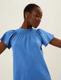 Deals ✔️ M&S Collection Tops Pure Cotton Crew Neck Smocked T-Shirt 🎉 -New In Womens Sales 2022 SD 01 T41 6371C E0 X EC 0
