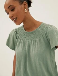 Deals ✔️ M&S Collection Tops Pure Cotton Crew Neck Smocked T-Shirt 🎉