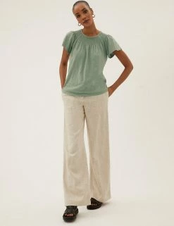 Deals ✔️ M&S Collection Tops Pure Cotton Crew Neck Smocked T-Shirt 🎉 -New In Womens Sales 2022 SD 01 T41 6371C KH X EC 2