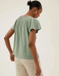 Deals ✔️ M&S Collection Tops Pure Cotton Crew Neck Smocked T-Shirt 🎉 -New In Womens Sales 2022 SD 01 T41 6371C KH X EC 3