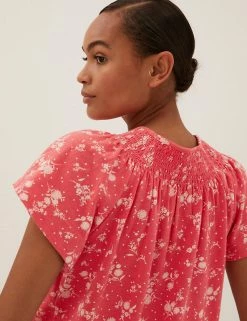 Promo 🔔 M&S Collection 👕 Shirts & Blouses Pure Cotton Printed Smocked Detail Blouses ✔️ -New In Womens Sales 2022 SD 01 T41 6372C C8 X EC 0