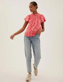 Promo 🔔 M&S Collection 👕 Shirts & Blouses Pure Cotton Printed Smocked Detail Blouses ✔️ -New In Womens Sales 2022 SD 01 T41 6372C C8 X EC 2