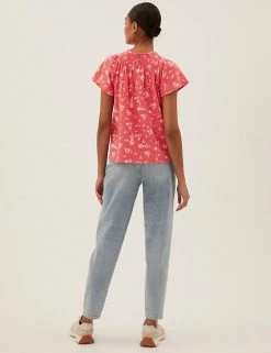 Promo 🔔 M&S Collection 👕 Shirts & Blouses Pure Cotton Printed Smocked Detail Blouses ✔️ -New In Womens Sales 2022 SD 01 T41 6372C C8 X EC 3