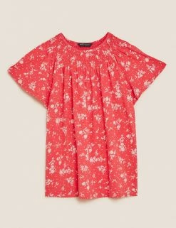 Promo 🔔 M&S Collection 👕 Shirts & Blouses Pure Cotton Printed Smocked Detail Blouses ✔️ -New In Womens Sales 2022 SD 01 T41 6372C C8 X EC 90