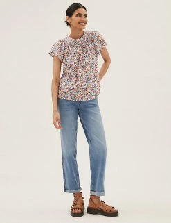 Promo 🔔 M&S Collection 👕 Shirts & Blouses Pure Cotton Printed Smocked Detail Blouses ✔️