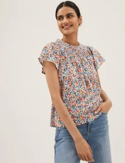 Promo 🔔 M&S Collection 👕 Shirts & Blouses Pure Cotton Printed Smocked Detail Blouses ✔️ -New In Womens Sales 2022 SD 01 T41 6372C ZZ X EC 1