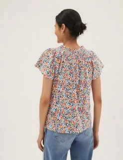 Promo 🔔 M&S Collection 👕 Shirts & Blouses Pure Cotton Printed Smocked Detail Blouses ✔️ -New In Womens Sales 2022 SD 01 T41 6372C ZZ X EC 2
