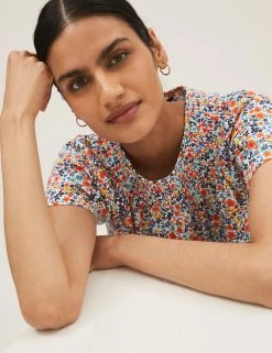 Promo 🔔 M&S Collection 👕 Shirts & Blouses Pure Cotton Printed Smocked Detail Blouses ✔️ -New In Womens Sales 2022 SD 01 T41 6372C ZZ X EC 3