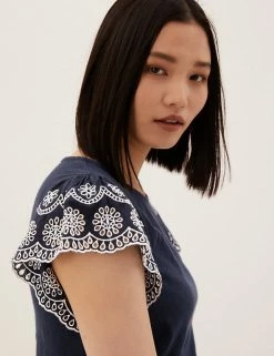 Buy 🥰 M&S Collection Vests Pure Cotton Embroidered Sleeveless Vest ❤️ -New In Womens Sales 2022 SD 01 T41 6379C F0 X EC 2