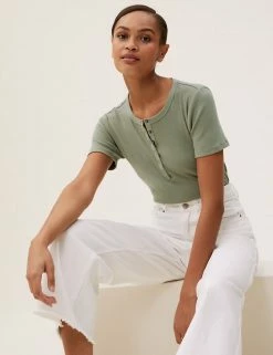 Flash Sale 🎁 M&S Collection Women Cotton Rich Ribbed Henley Top 😀 -New In Womens Sales 2022 SD 01 T41 6380C KH X EC 0