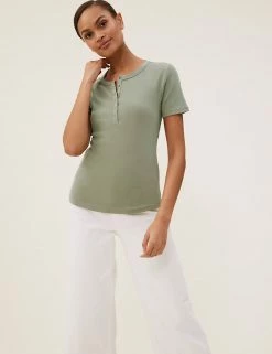 Flash Sale 🎁 M&S Collection Women Cotton Rich Ribbed Henley Top 😀 -New In Womens Sales 2022 SD 01 T41 6380C KH X EC 1