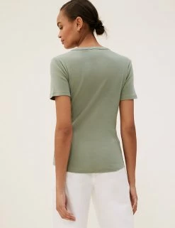 Flash Sale 🎁 M&S Collection Women Cotton Rich Ribbed Henley Top 😀 -New In Womens Sales 2022 SD 01 T41 6380C KH X EC 2