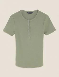 Flash Sale 🎁 M&S Collection Women Cotton Rich Ribbed Henley Top 😀 -New In Womens Sales 2022 SD 01 T41 6380C KH X EC 90