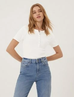 Flash Sale 🎁 M&S Collection Women Cotton Rich Ribbed Henley Top 😀