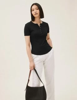 Flash Sale 🎁 M&S Collection Women Cotton Rich Ribbed Henley Top 😀 -New In Womens Sales 2022 SD 01 T41 6380C Y0 X EC 0